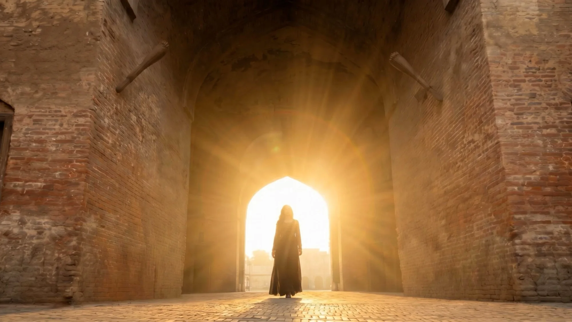 Malaika Faisal silhouetted in a Mughal brick archway as sunlight floods through behind her