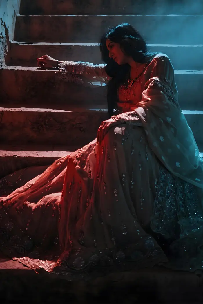 Malaika Faisal seated on stone steps in a red and gold outfit under red and teal light
